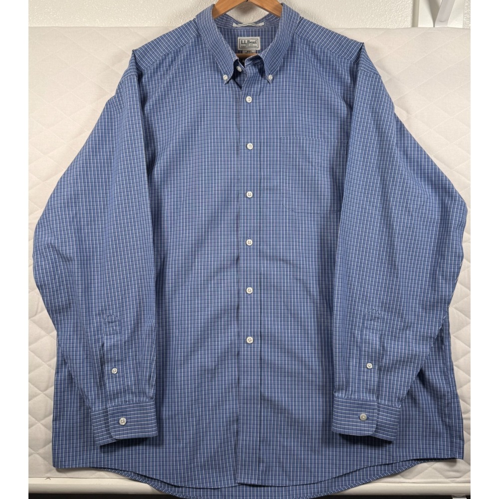 L.L. Bean Mens XXL Button Down Shirt Blue Check Long Sleeve Cotton Casual